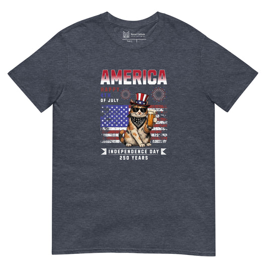 Cat themed graphic tee with USA 250th anniversary Independence Day print