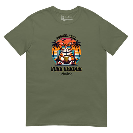 Cat themed graphic tee with vacation print