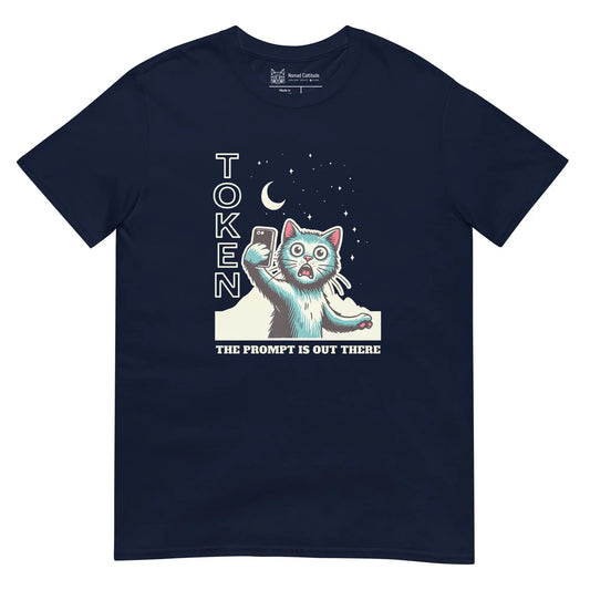 Cat themed graphic tee with AI prompt token print