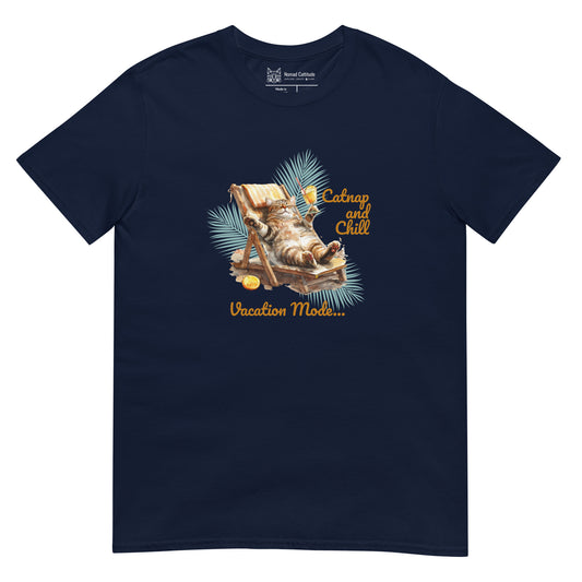 Cat themed graphic tee with vacation print