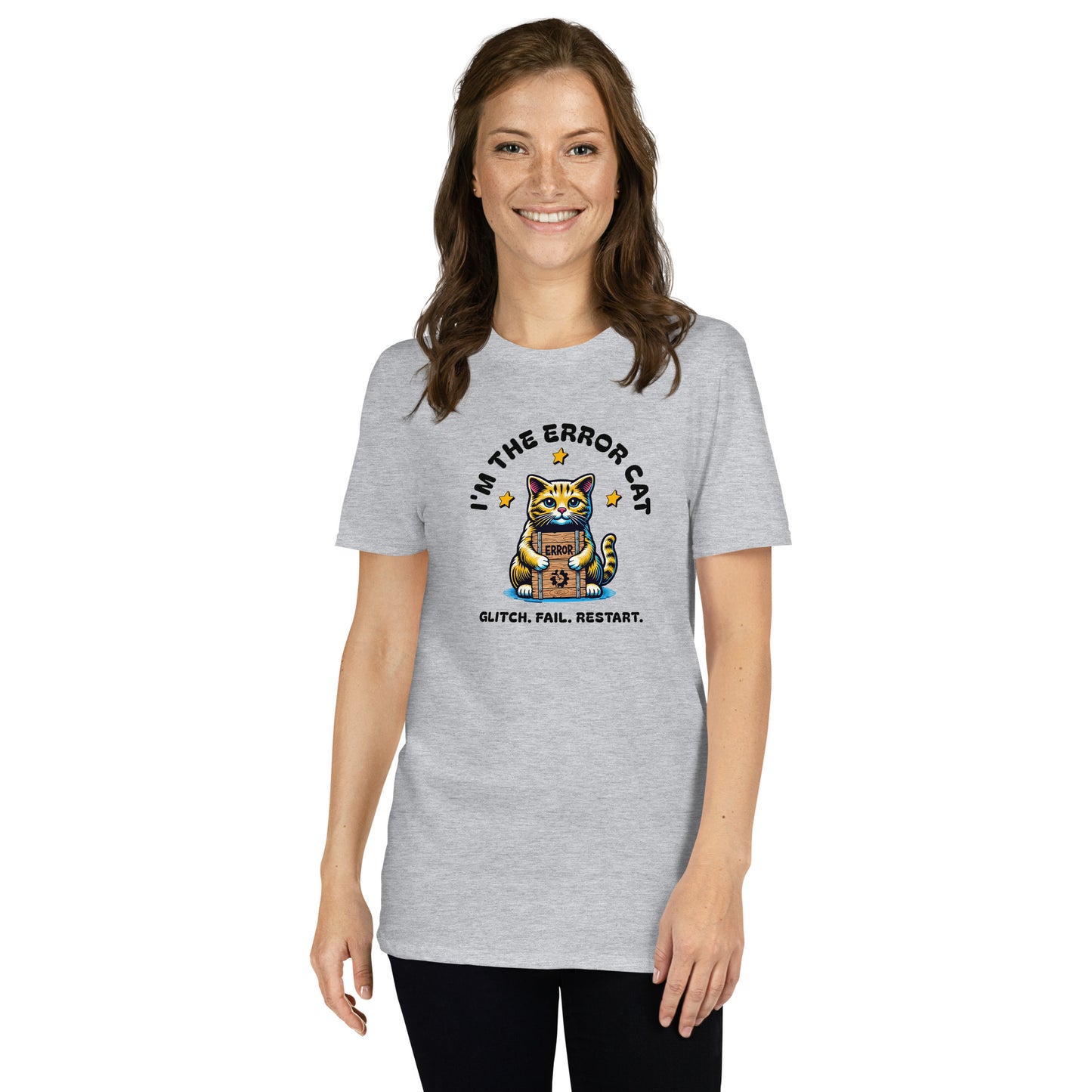 Cat themed graphic tee with error message print