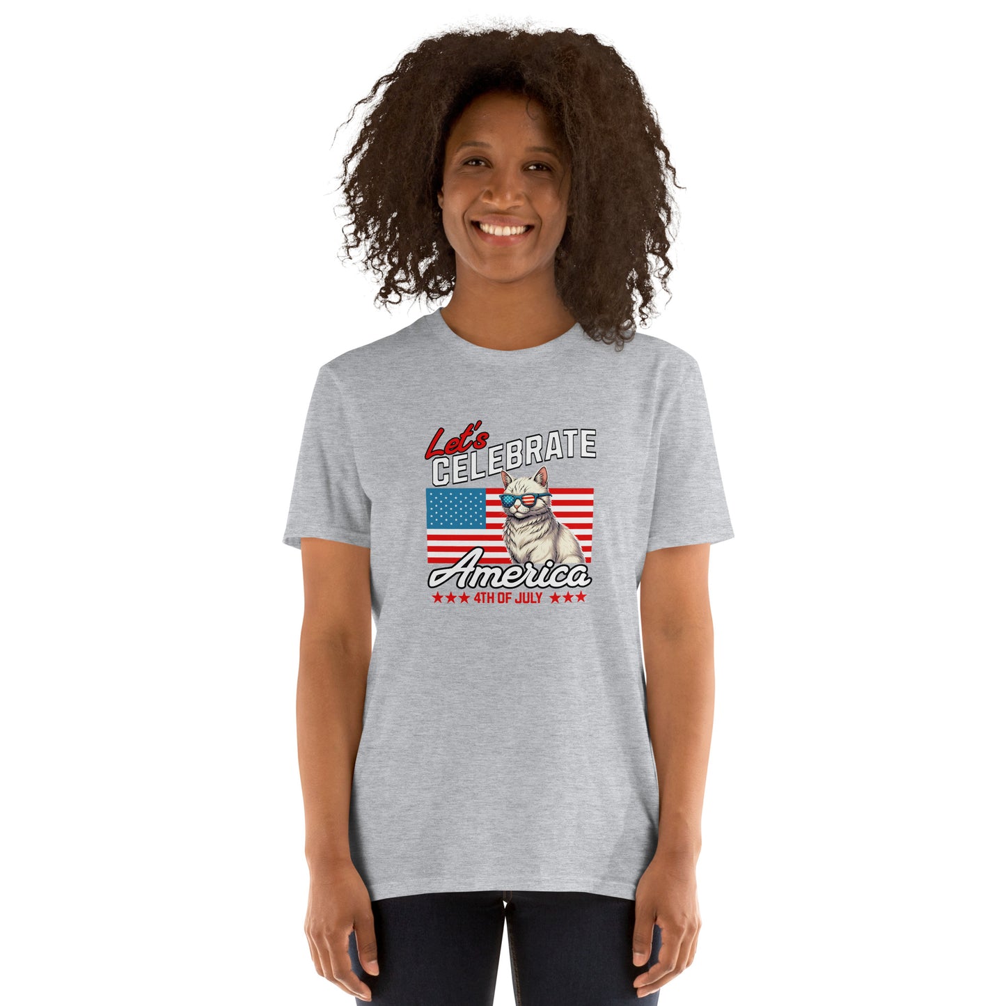 Cat themed graphic tee with USA 250th anniversary Independence Day print
