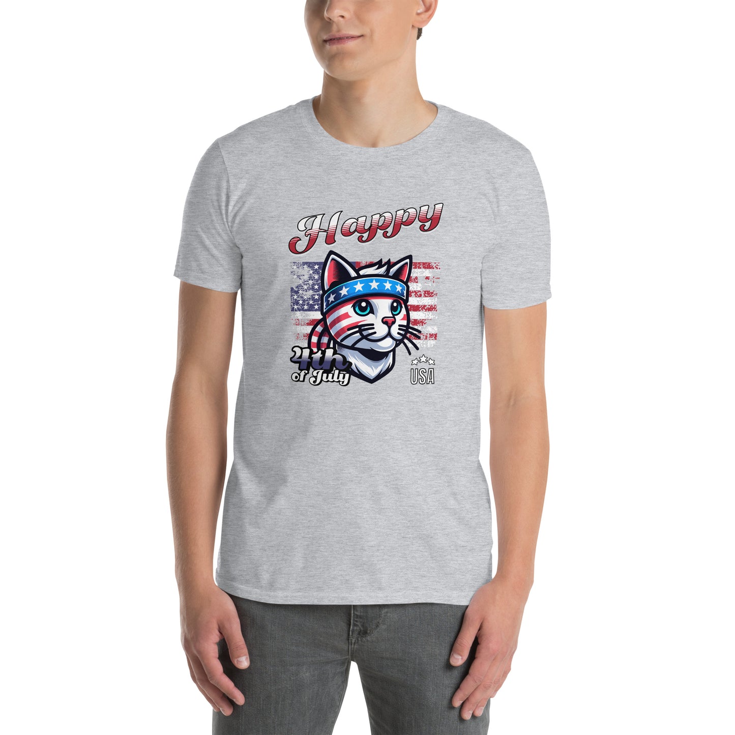 Cat themed graphic tee with USA anniversary Independence Day print