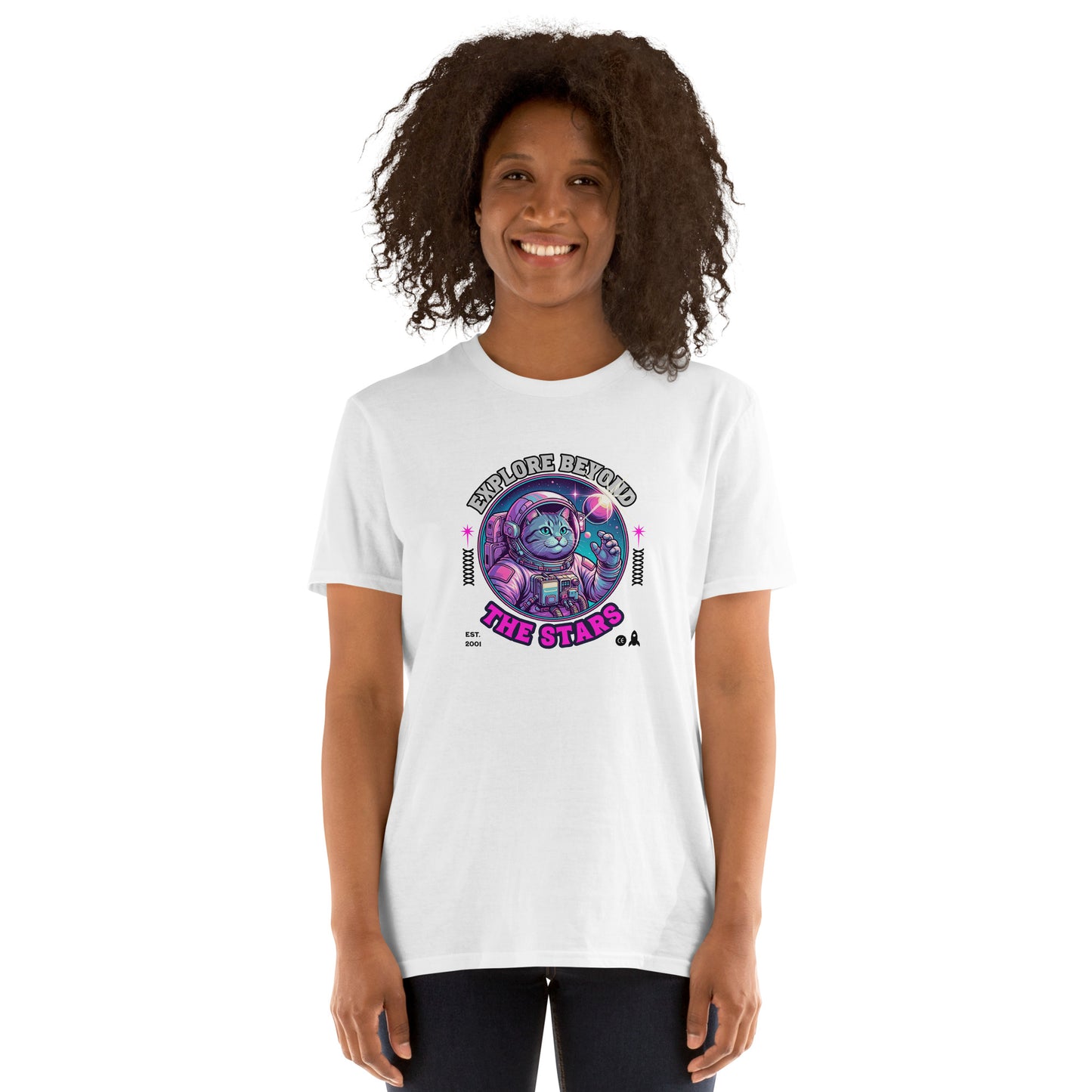 Cat themed graphic tee with space print