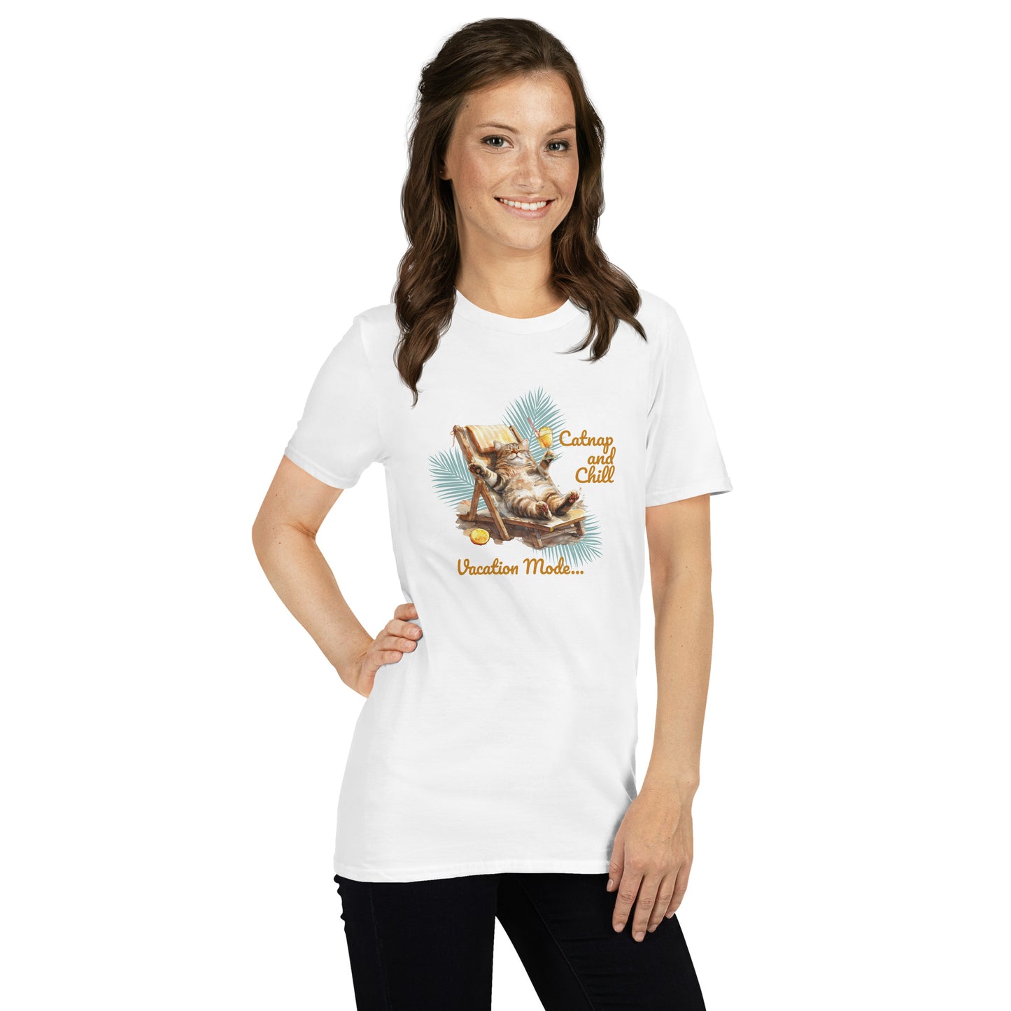 Cat themed graphic tee with vacation print