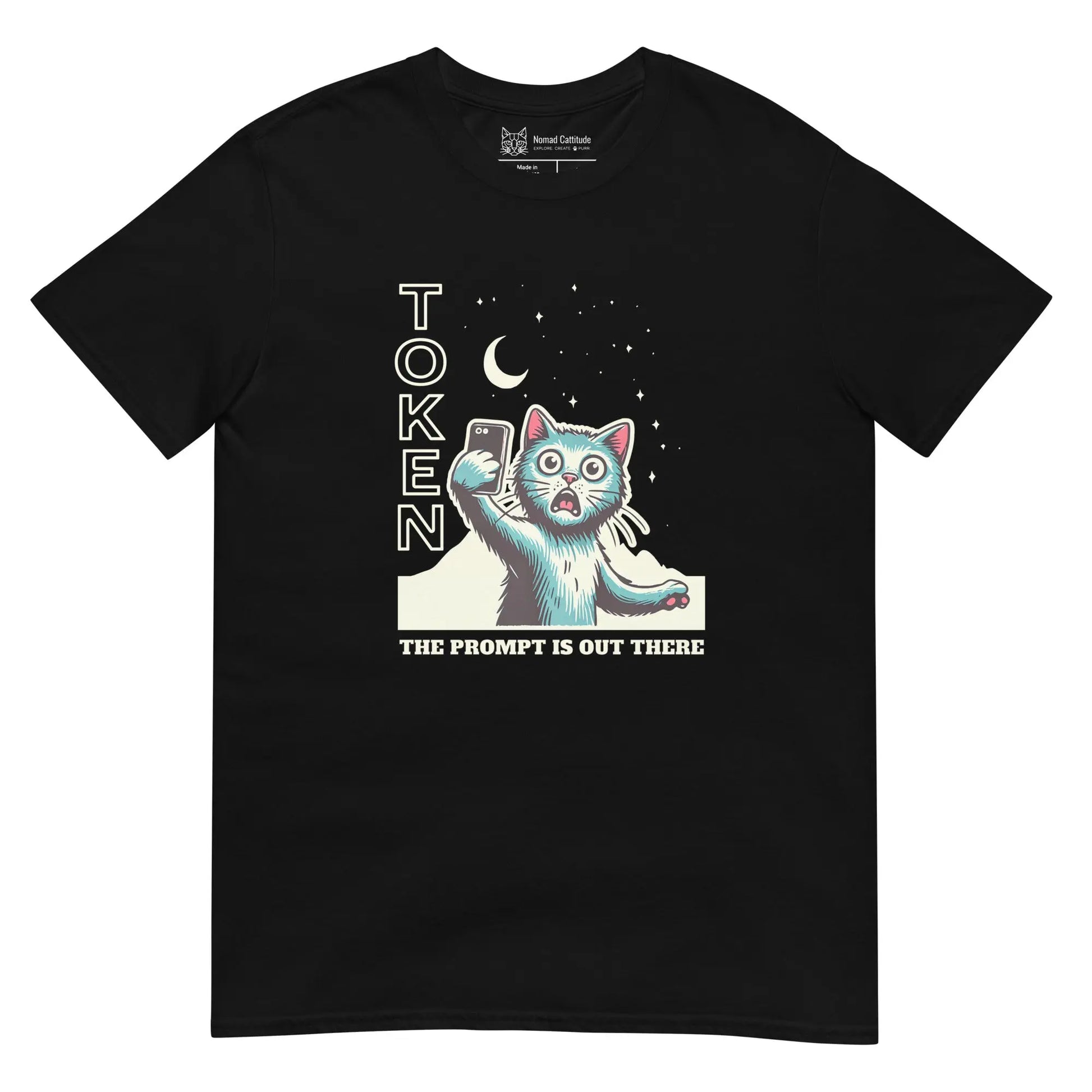 Cat themed graphic tee with AI prompt token print