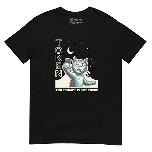 Cat themed graphic tee with AI prompt token print