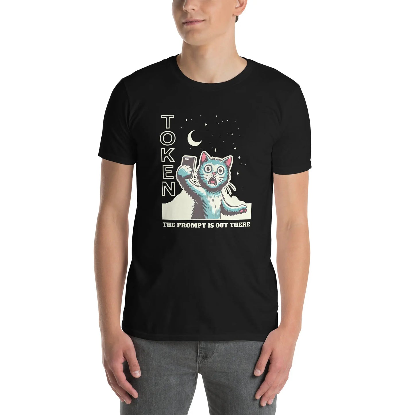 Cat themed graphic tee with AI prompt token print