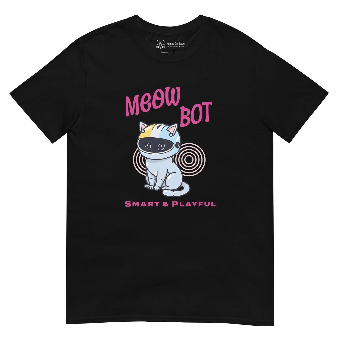 Cat themed graphic tee with meow bot print