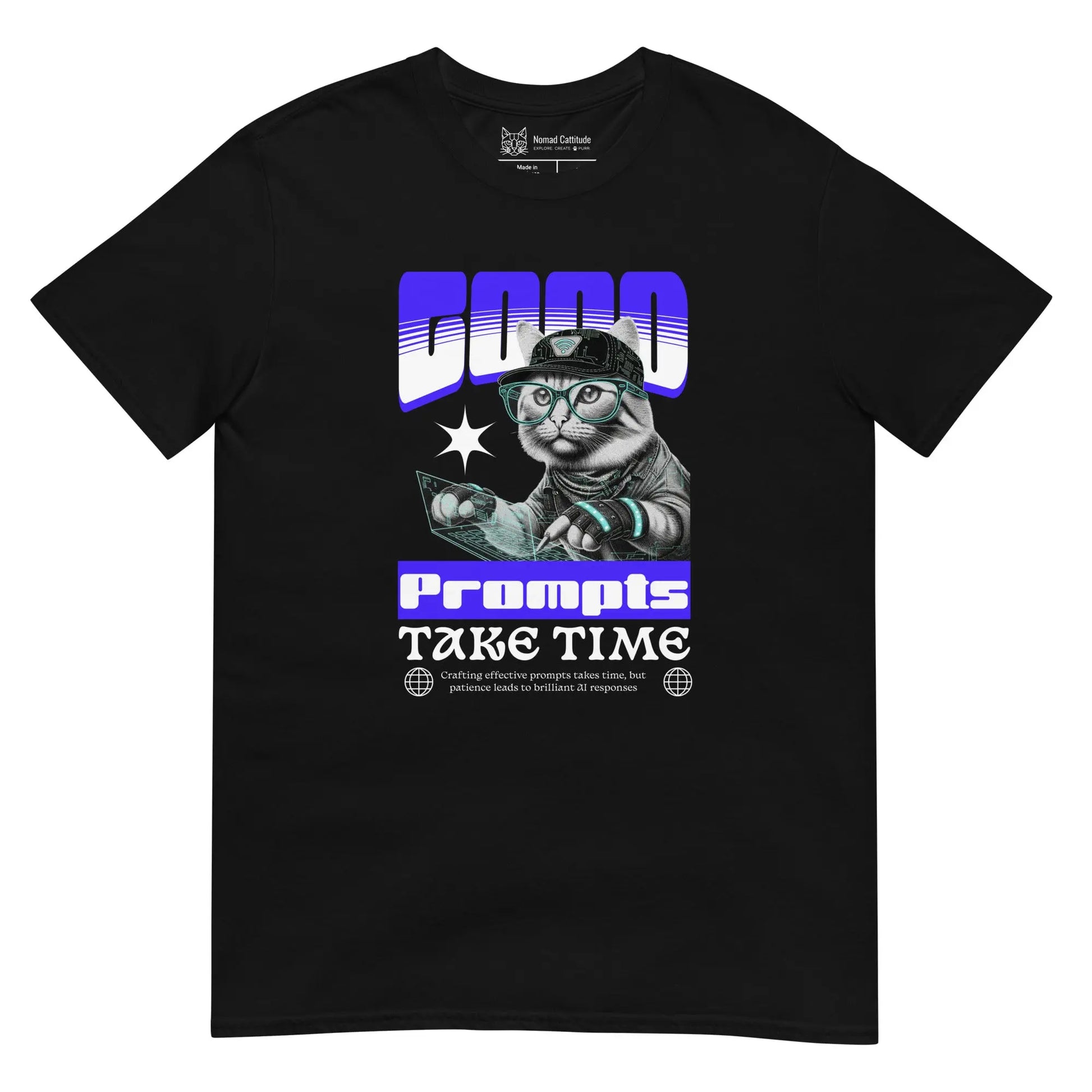 Cat themed graphic tee with AI prompts print