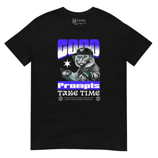 Cat themed graphic tee with AI prompts print