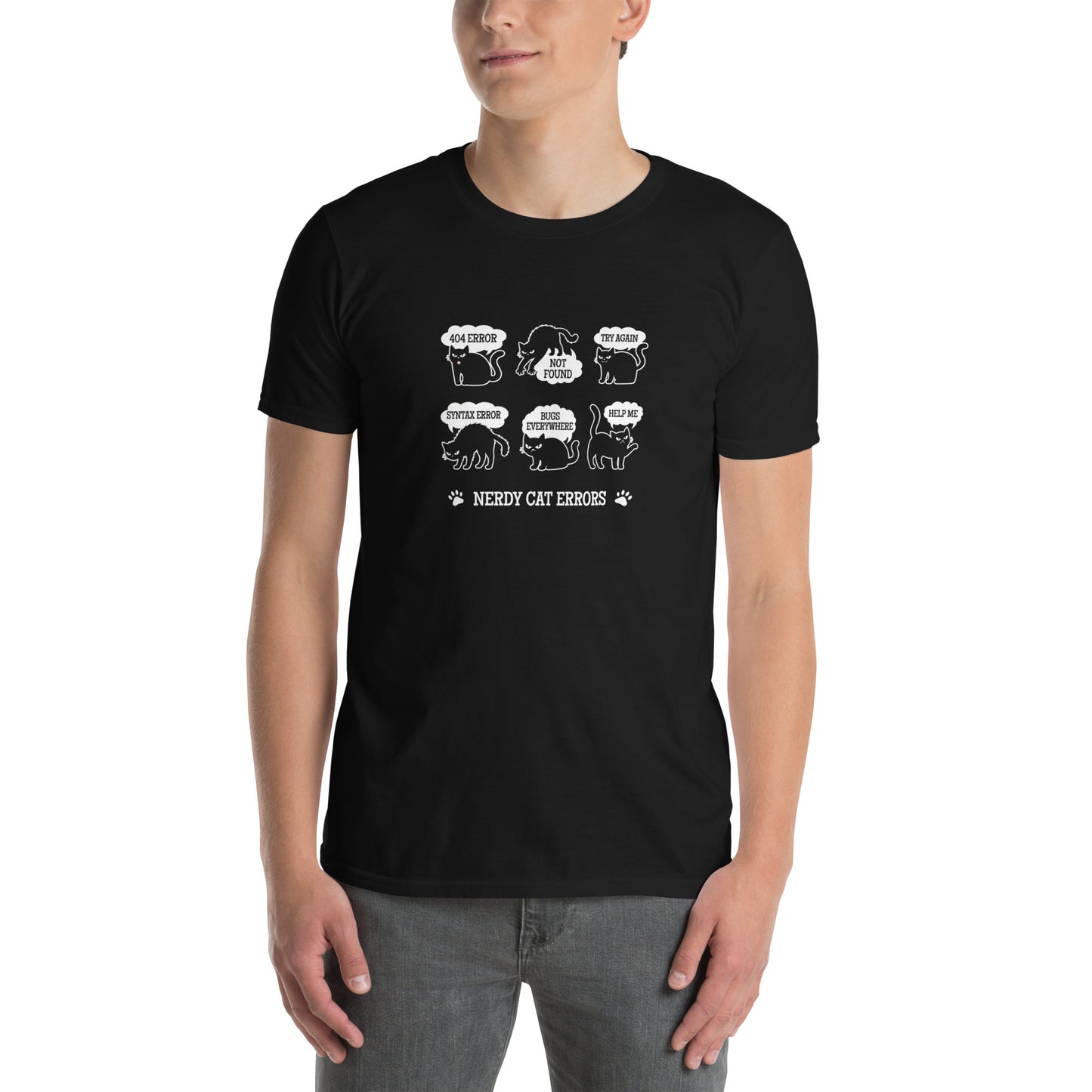 Cat themed graphic tee with error message print