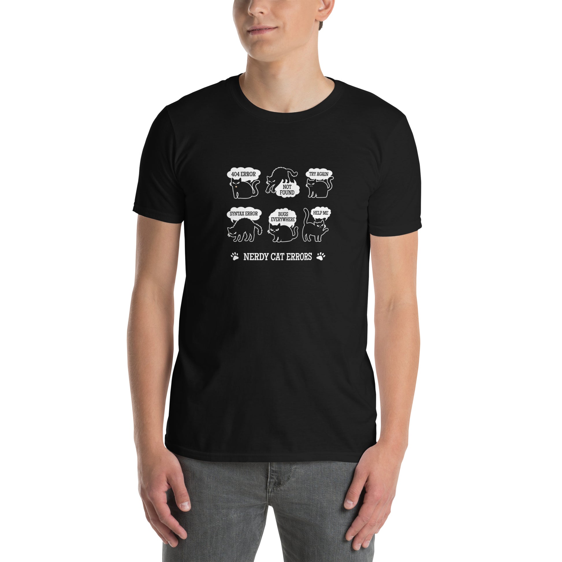 Cat themed graphic tee with error message print
