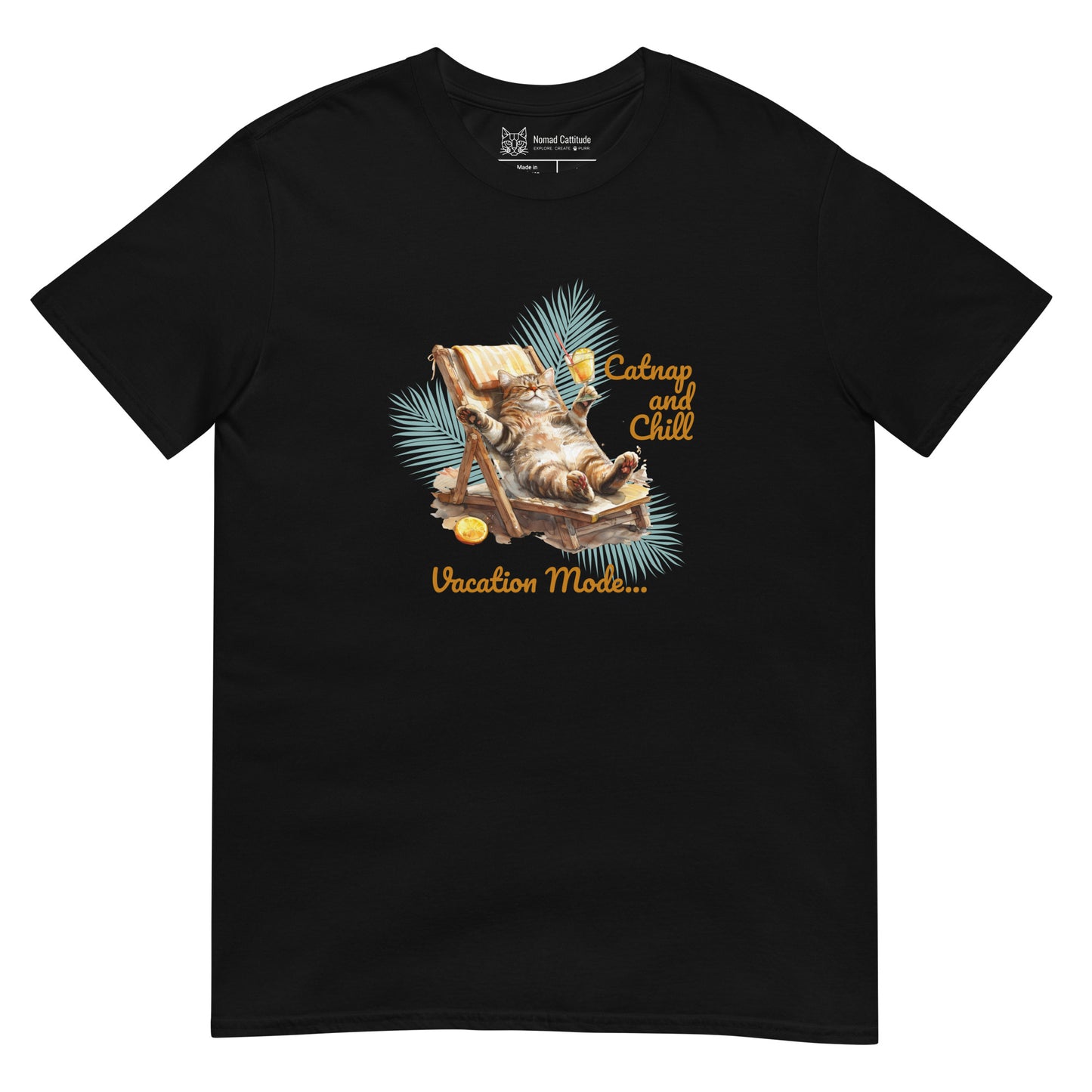 Cat themed graphic tee with vacation print
