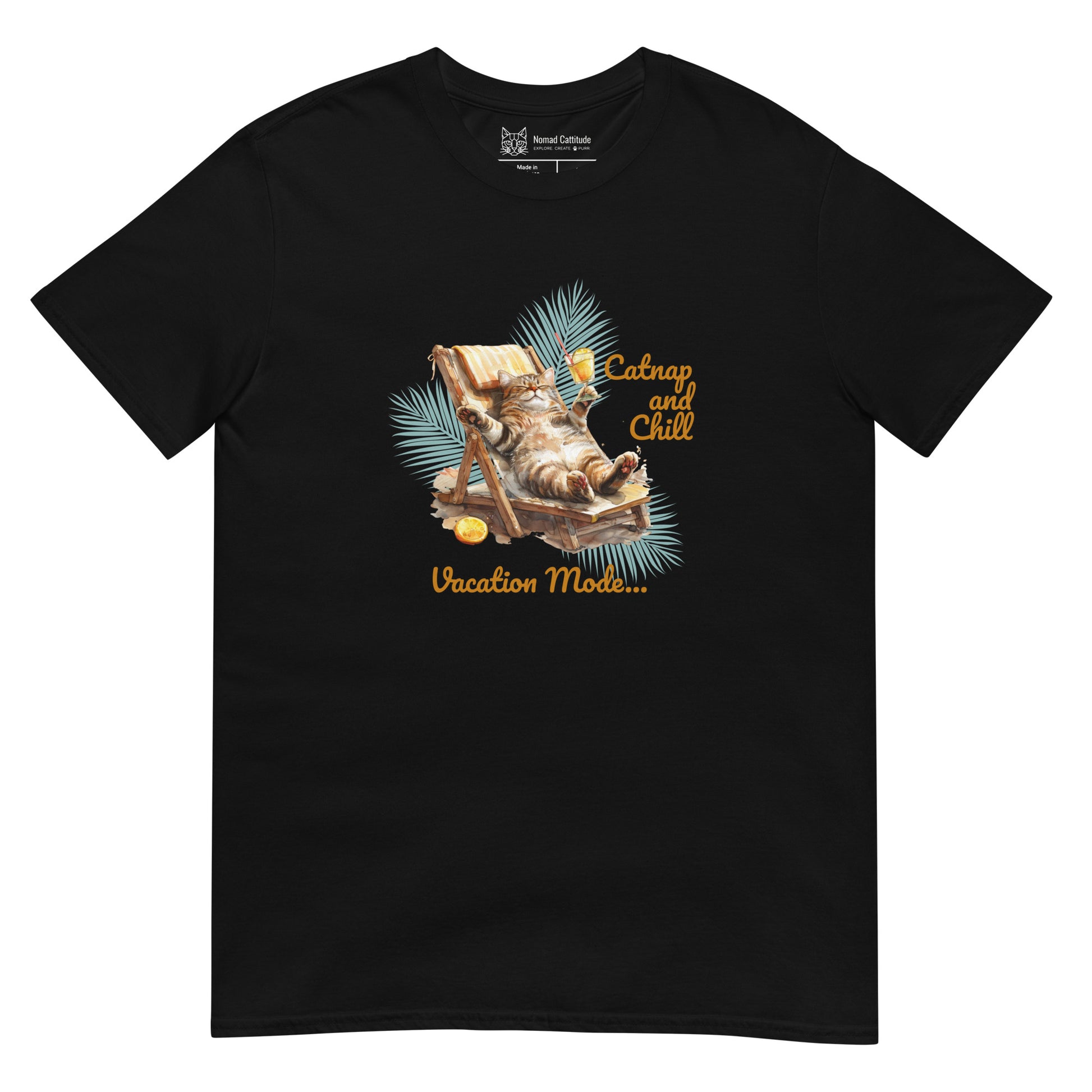 Cat themed graphic tee with vacation print