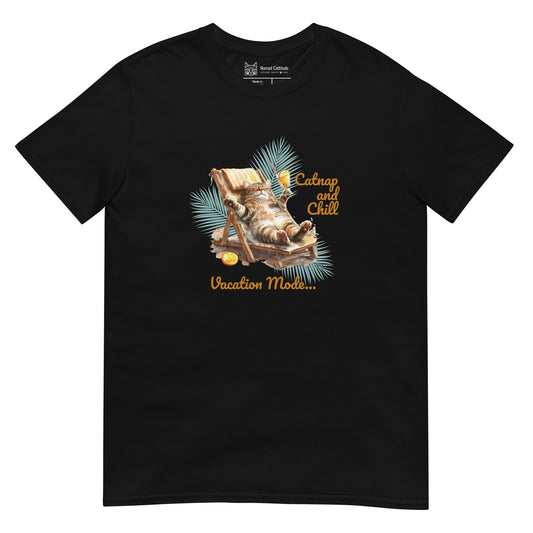 Cat themed graphic tee with vacation print