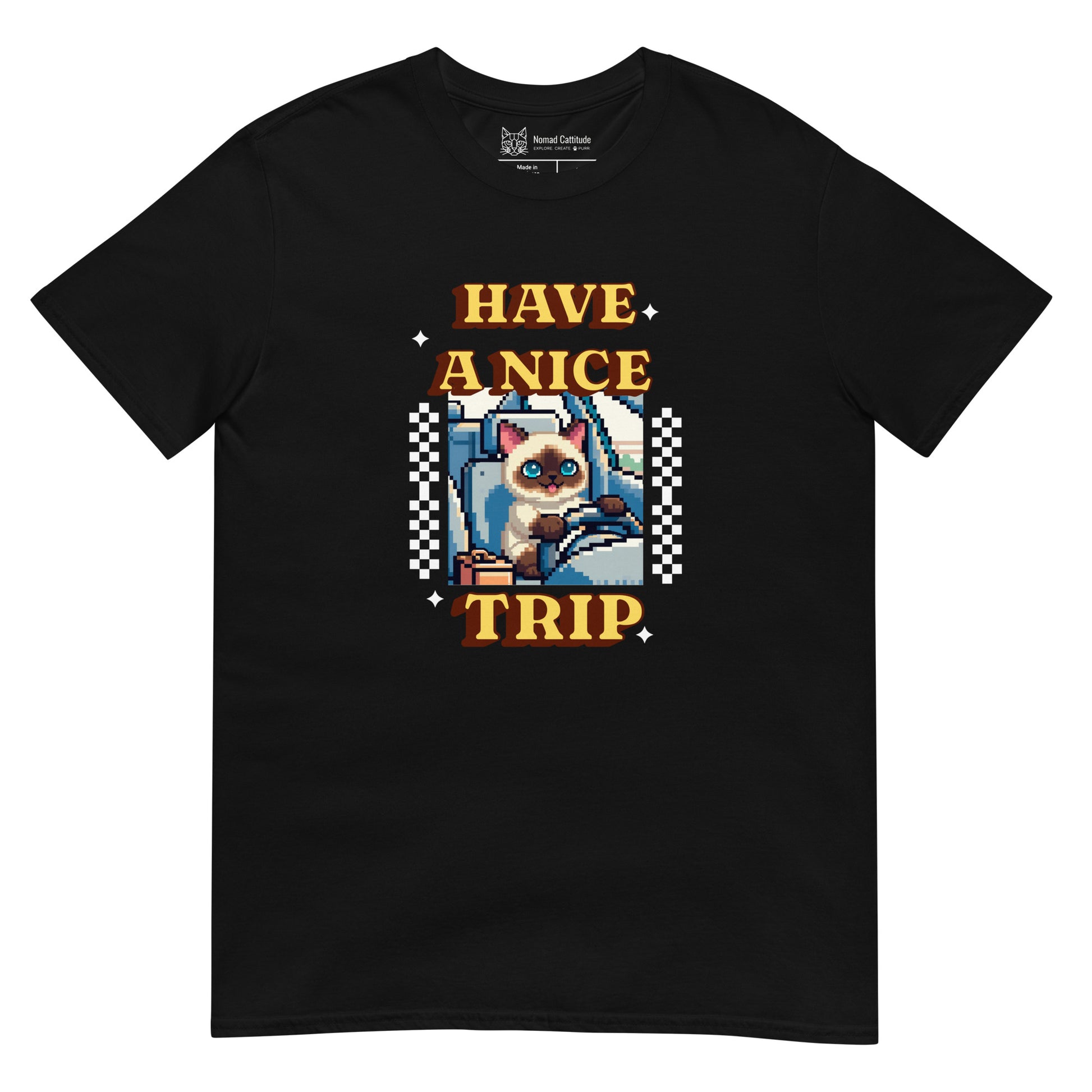 Cat themed graphic tee with vacation print