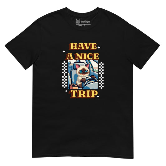 Cat themed graphic tee with vacation print