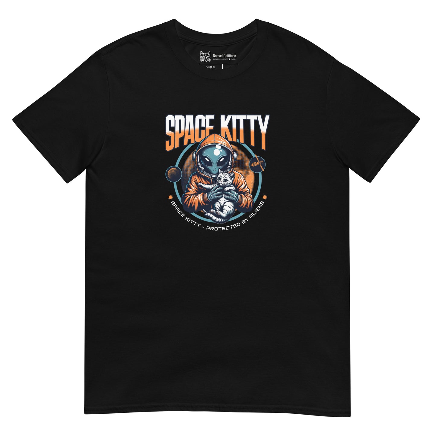 Cat themed graphic tee with space print