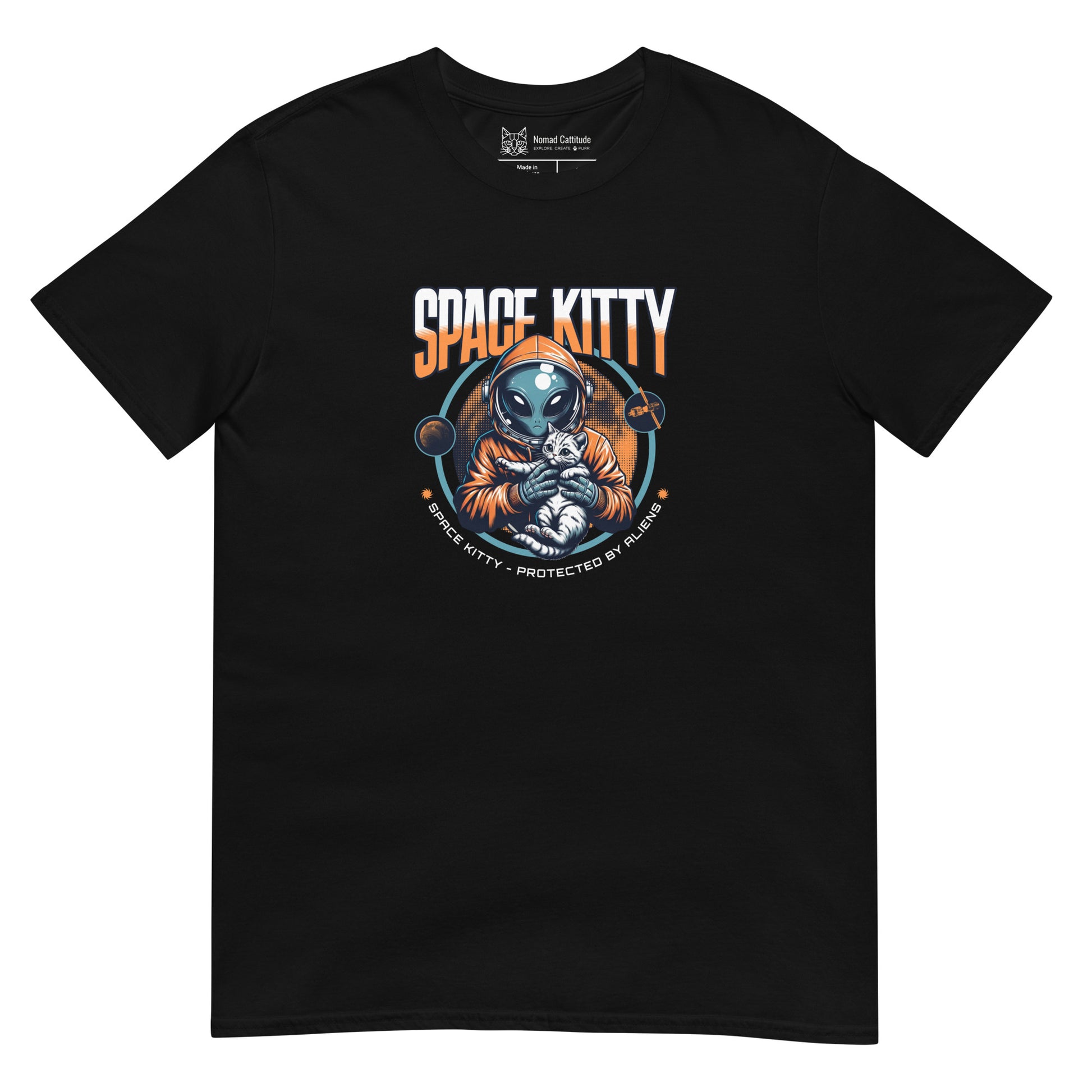 Cat themed graphic tee with space print