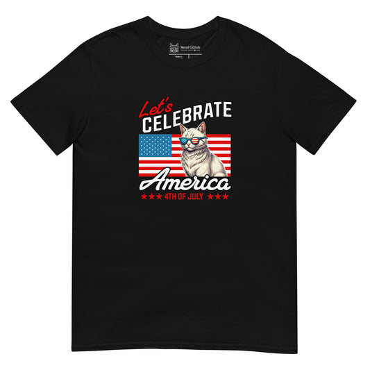 Cat themed graphic tee with USA 250th anniversary Independence Day print
