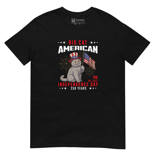 Cat themed graphic tee with USA 250th anniversary Independence Day print