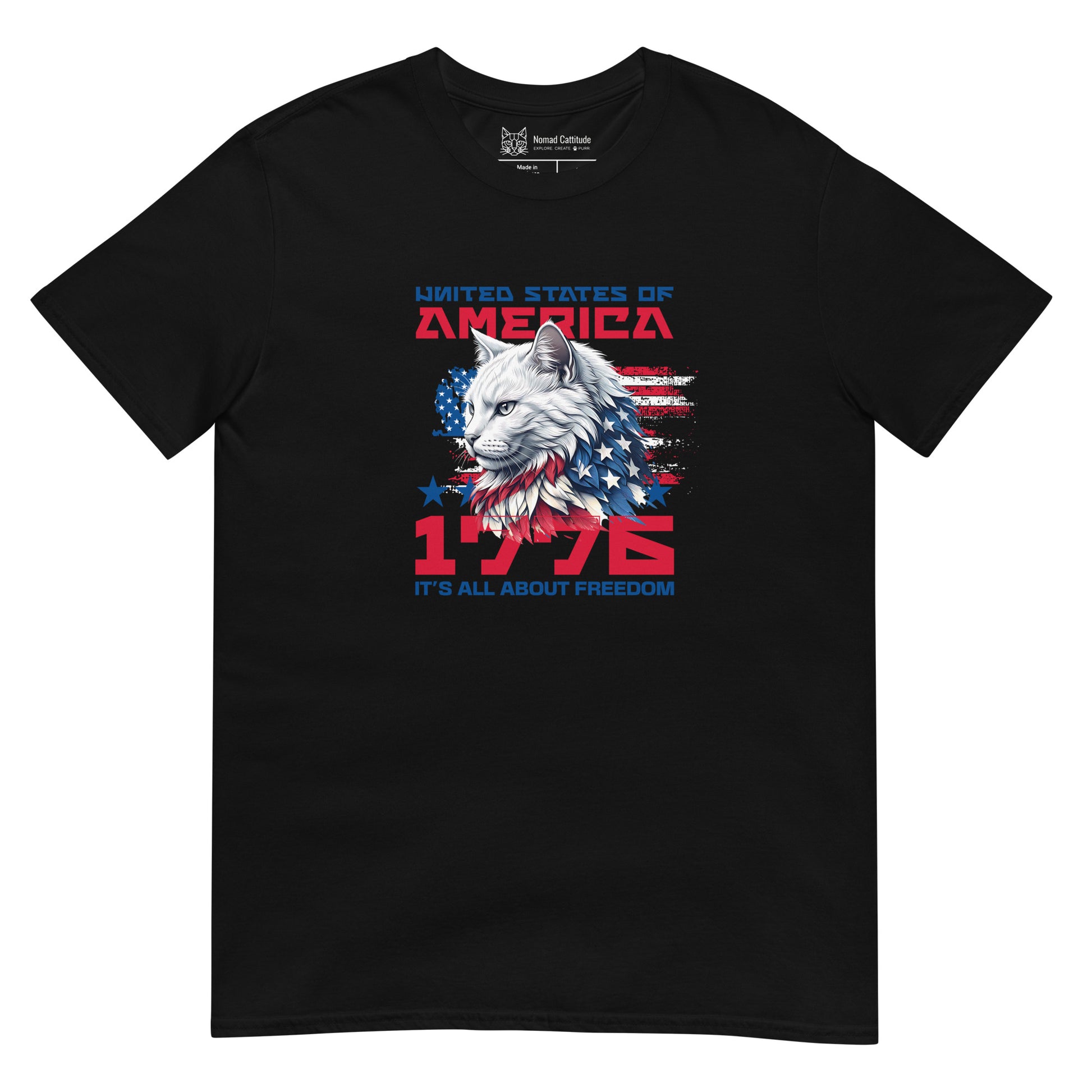 Cat themed graphic tee with 1776 USA eagle patriotic print