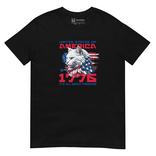 Cat themed graphic tee with 1776 USA eagle patriotic print