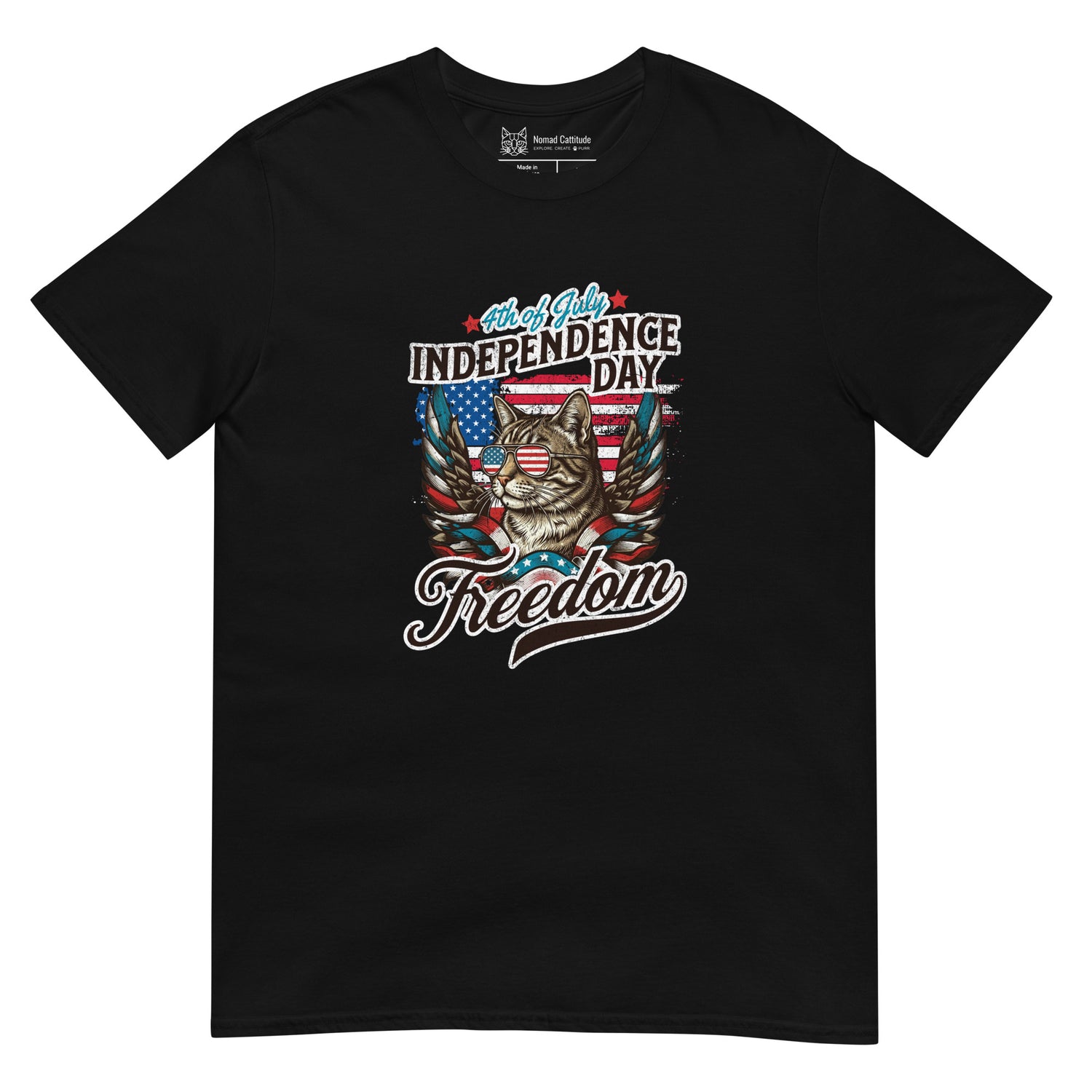 Cat themed graphic tee with July 4th freedom print