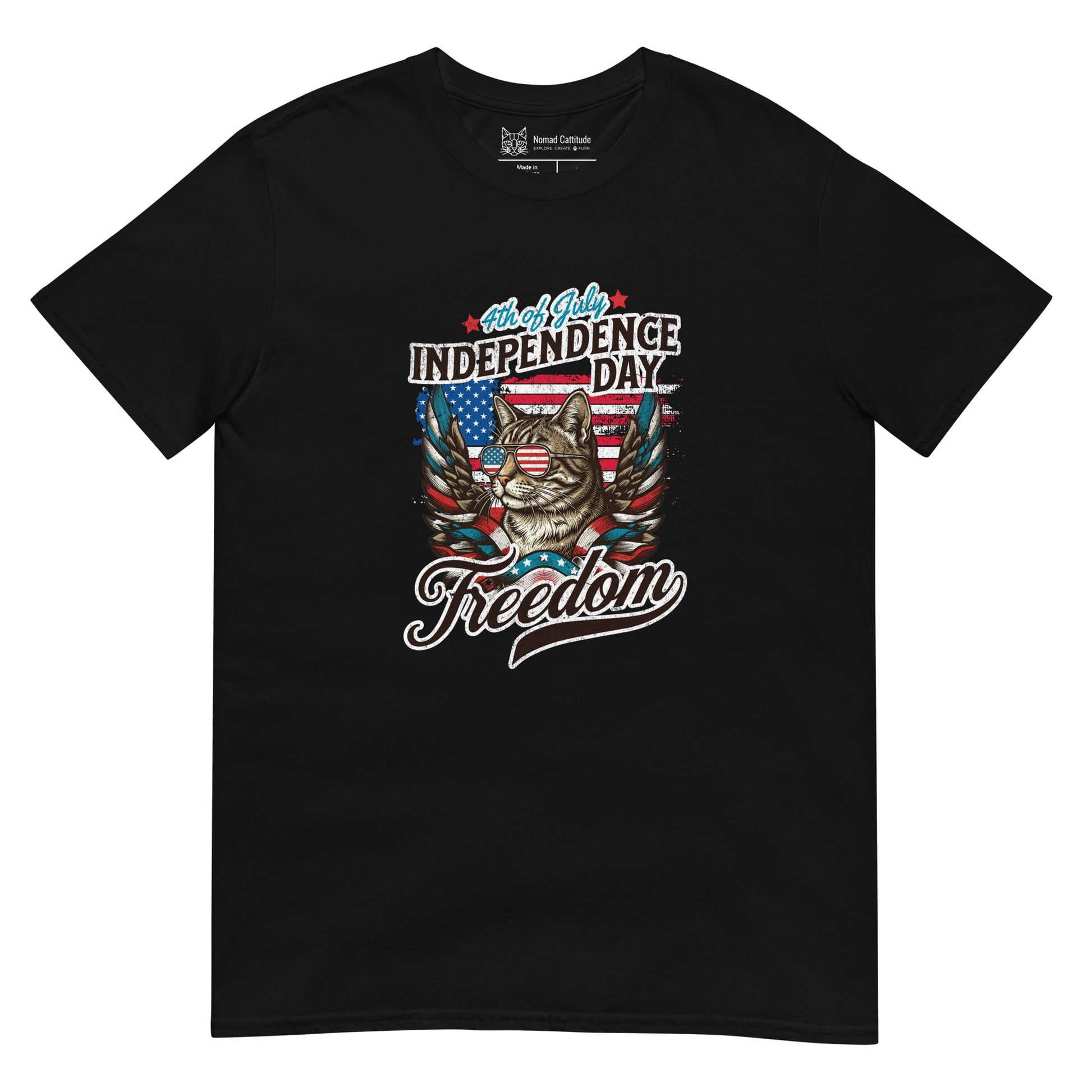 Cat themed graphic tee with July 4th freedom print