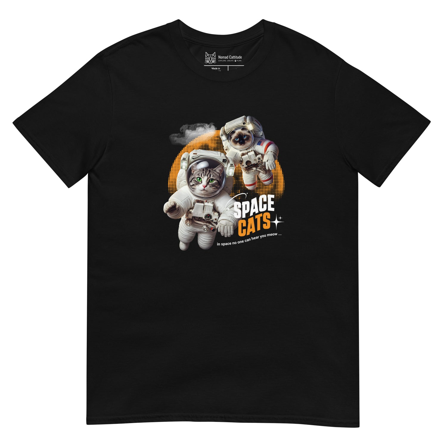 Cat themed graphic tee with space print