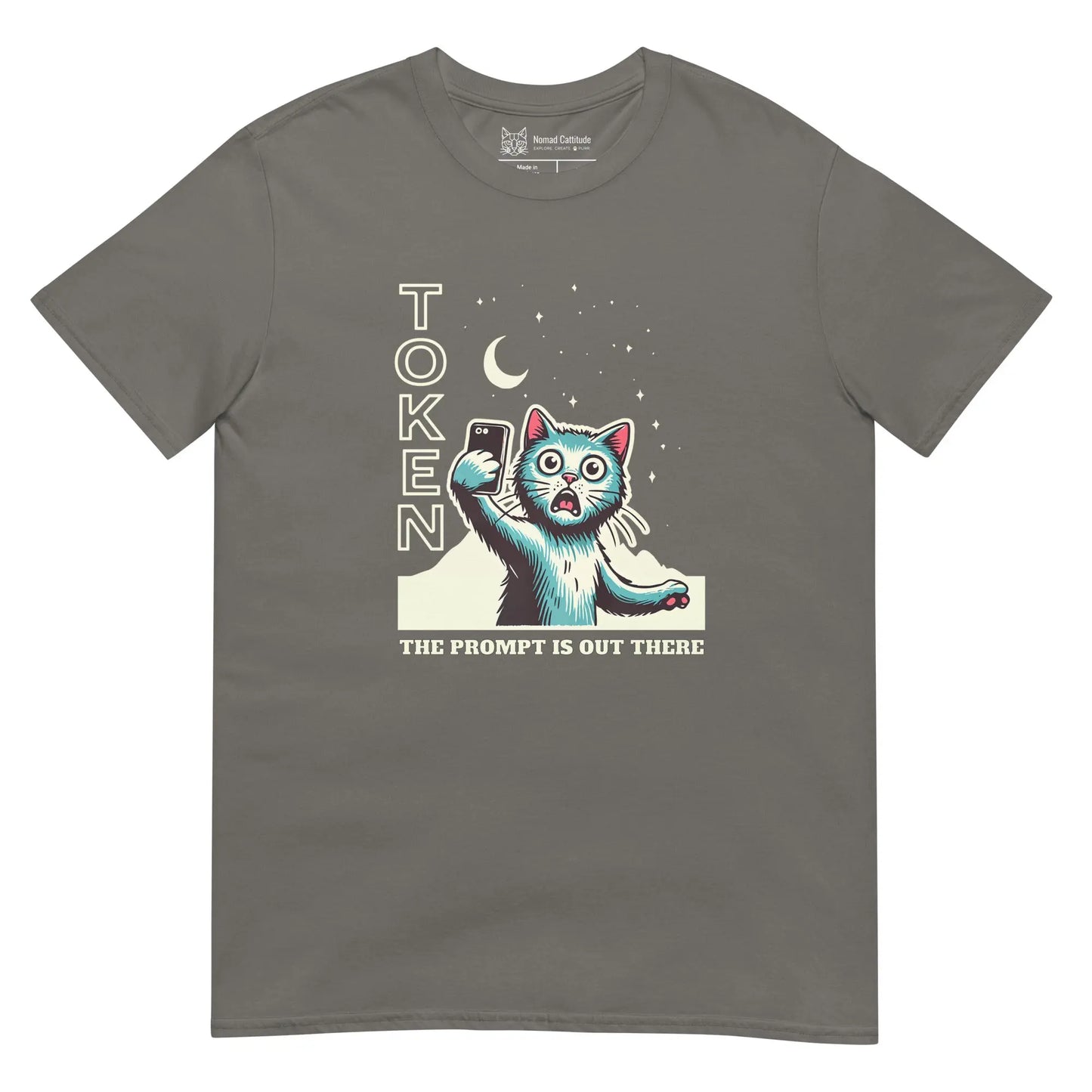 Cat themed graphic tee with AI prompt token print