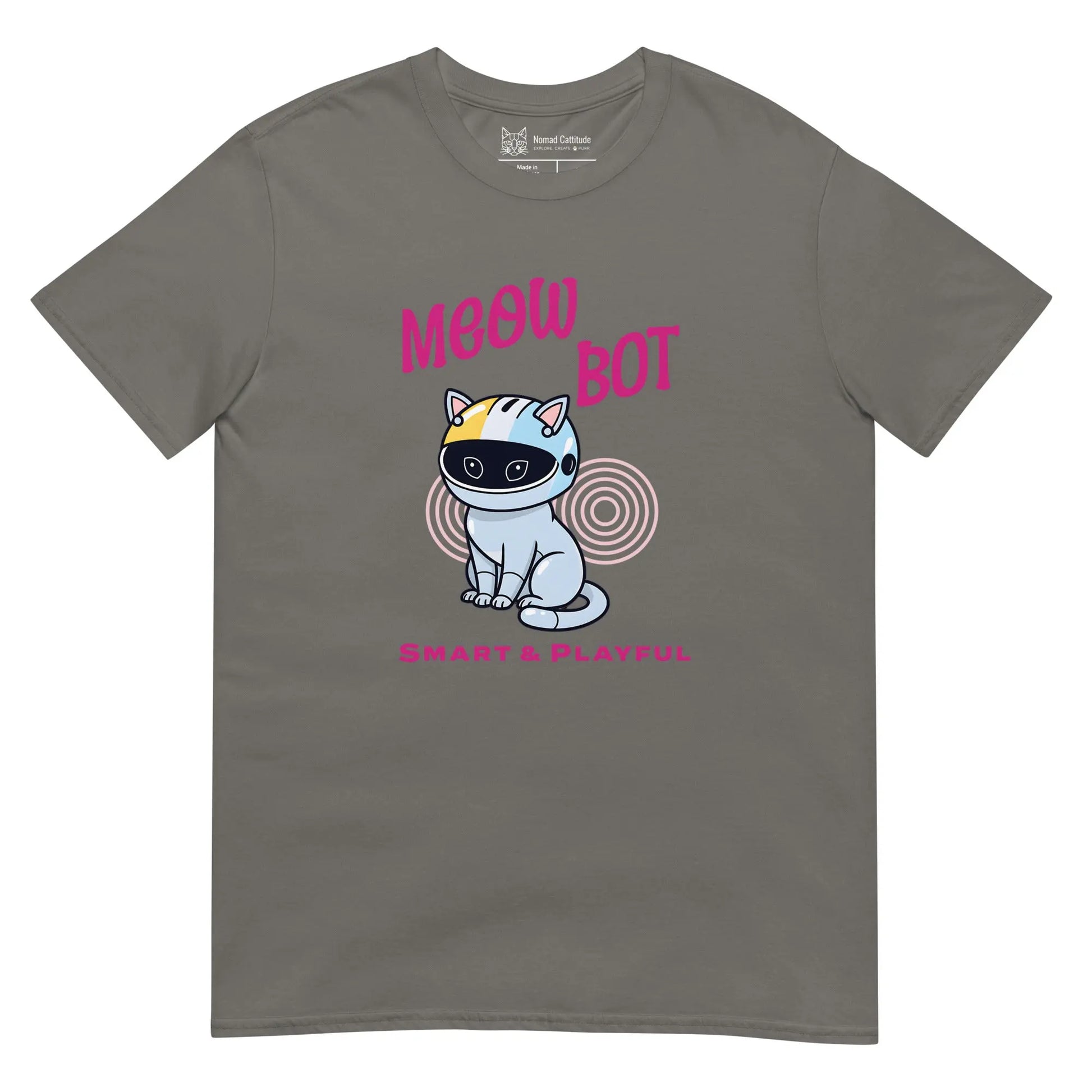 Cat themed graphic tee with meow bot print