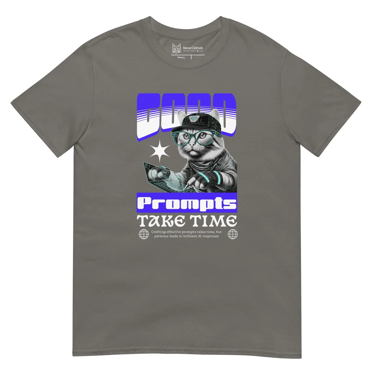 Cat themed graphic tee with AI prompts print