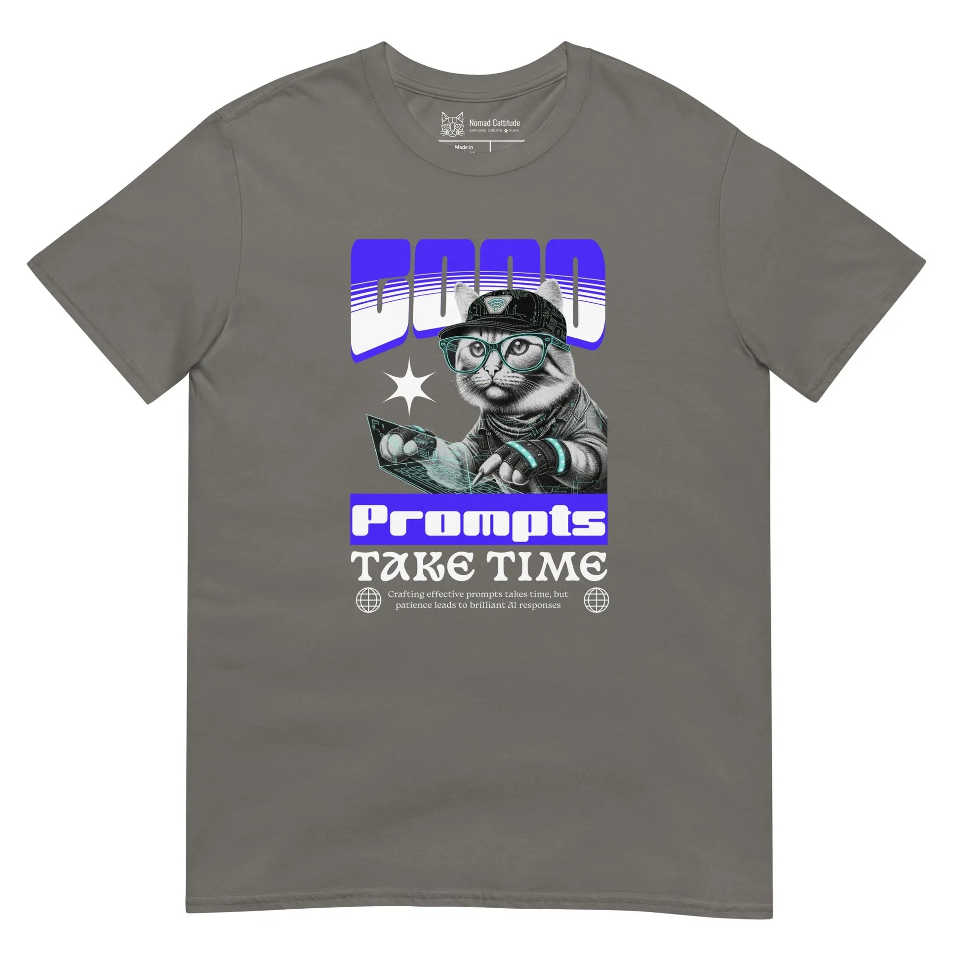 Cat themed graphic tee with AI prompts print