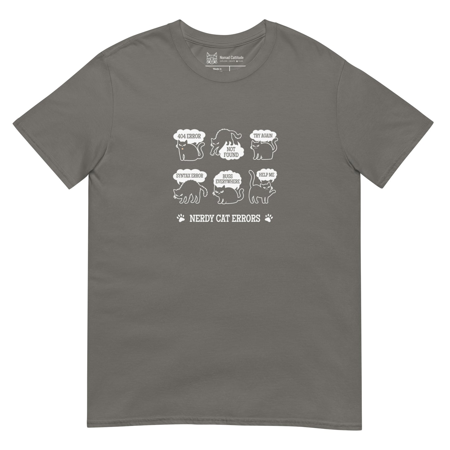 Cat themed graphic tee with error message print