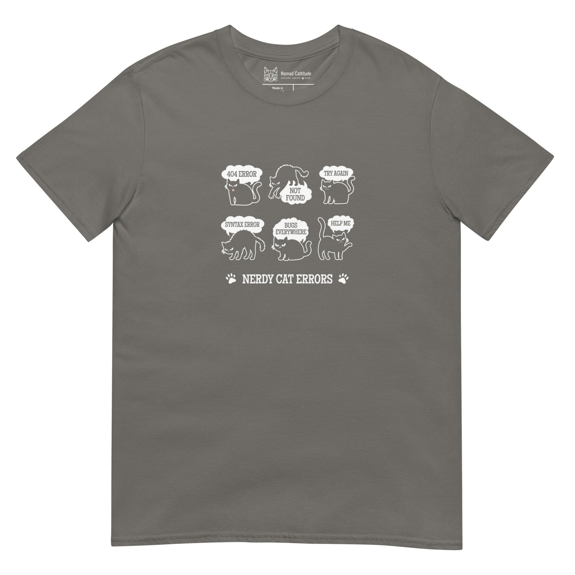 Cat themed graphic tee with error message print
