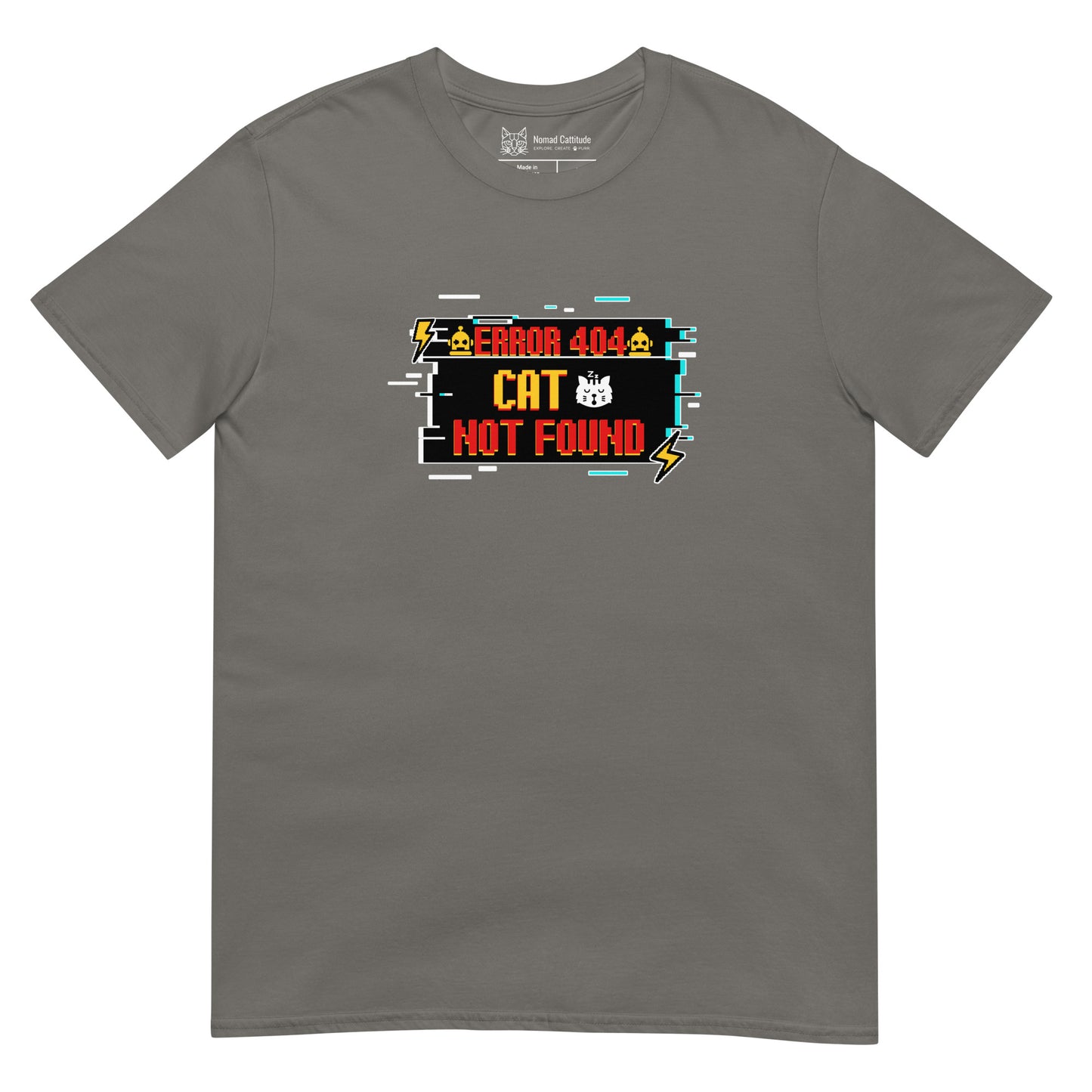 Cat themed graphic tee with error message print