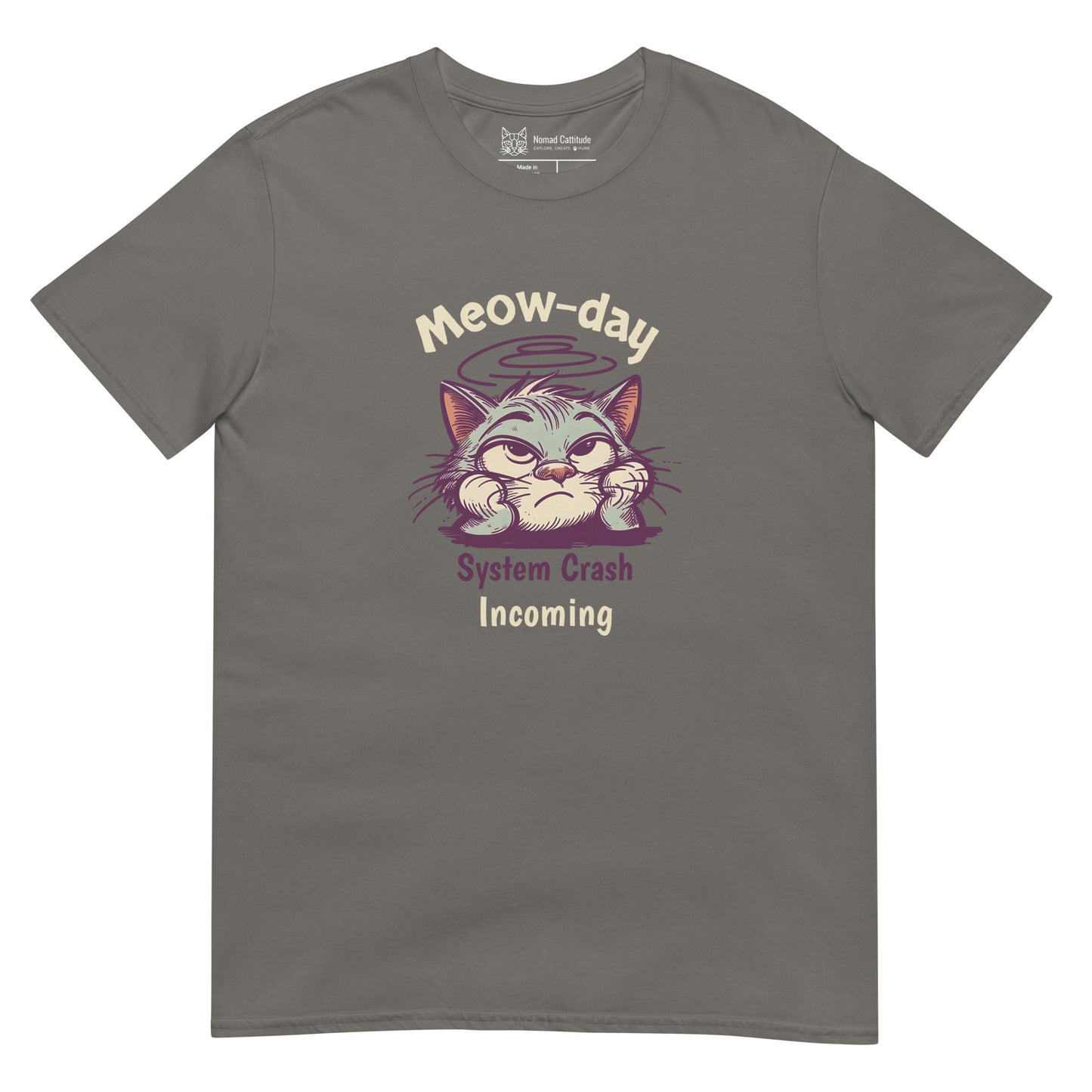 Cat themed graphic tee with error message print