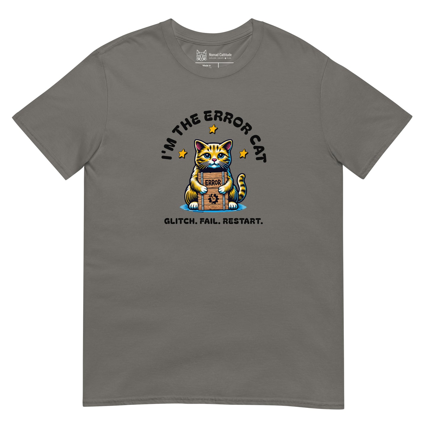 Cat themed graphic tee with error message print