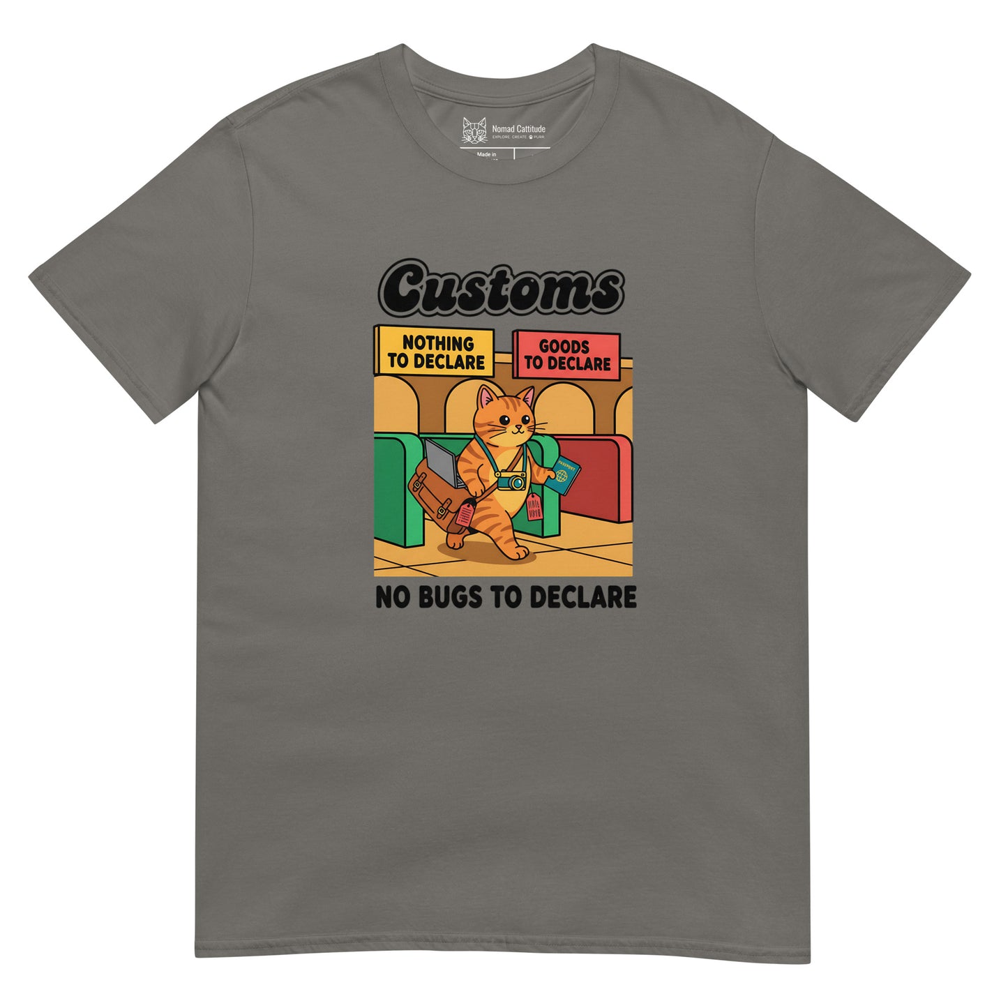 Cat themed graphic tee with vacation print