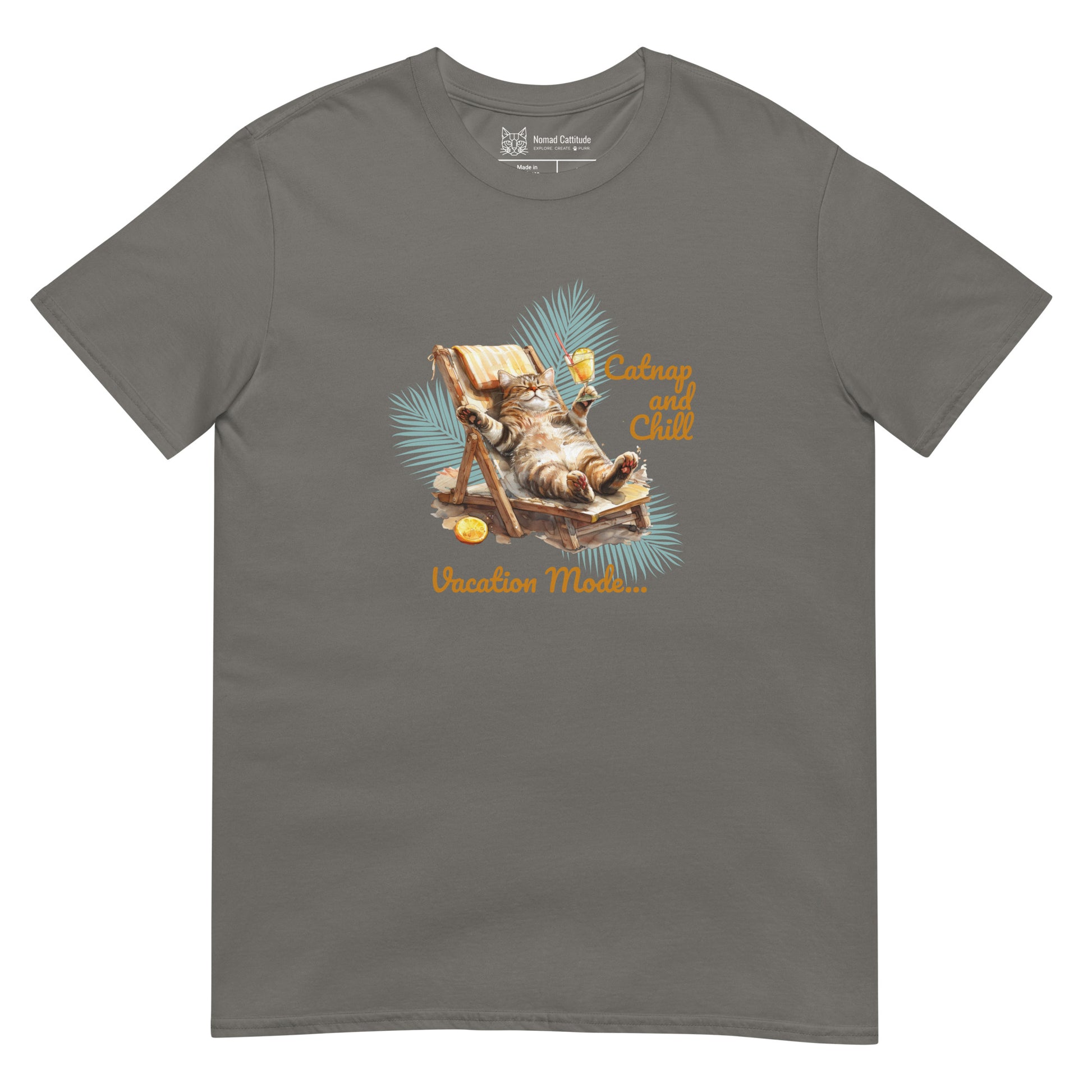 Cat themed graphic tee with vacation print