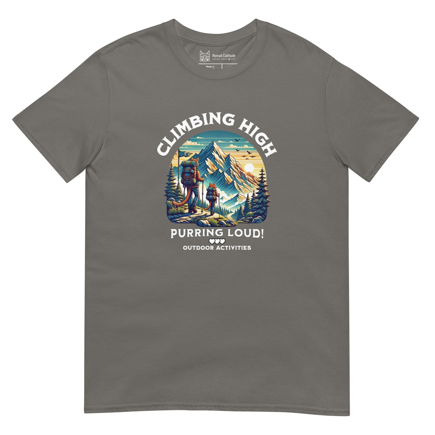 Cat themed graphic tee with vacation print