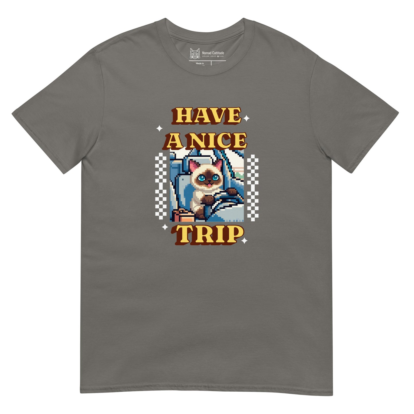 Cat themed graphic tee with vacation print