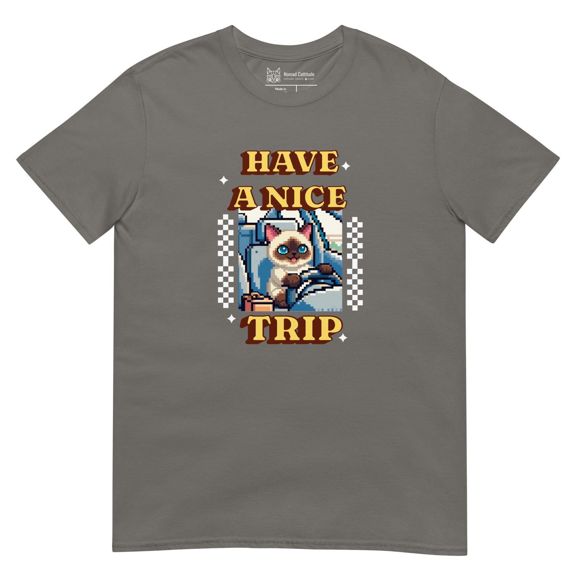 Cat themed graphic tee with vacation print