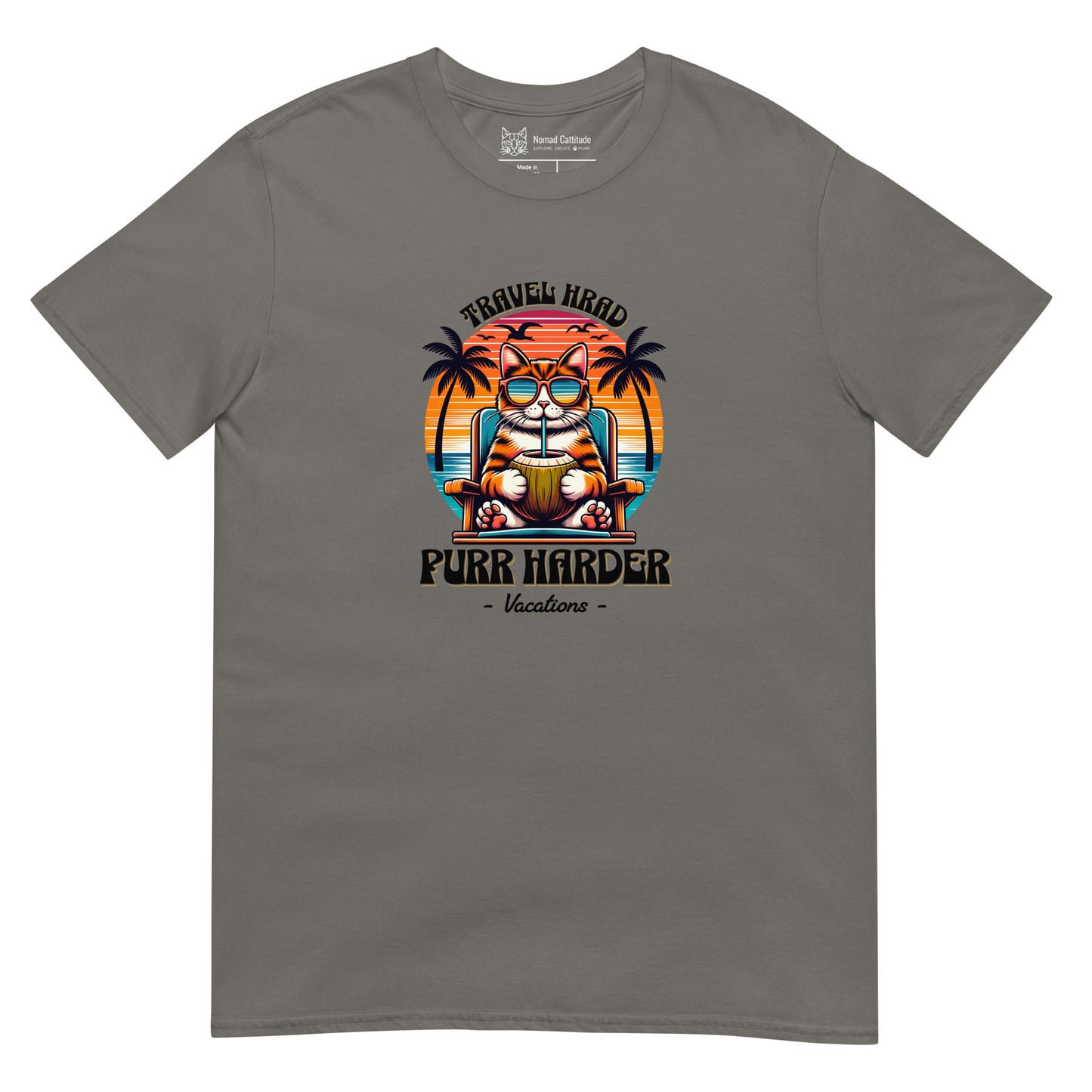 Cat themed graphic tee with vacation print