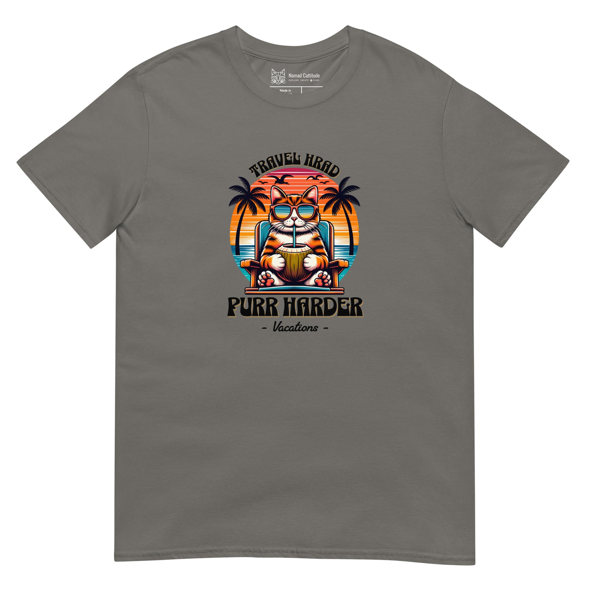 Cat themed graphic tee with vacation print