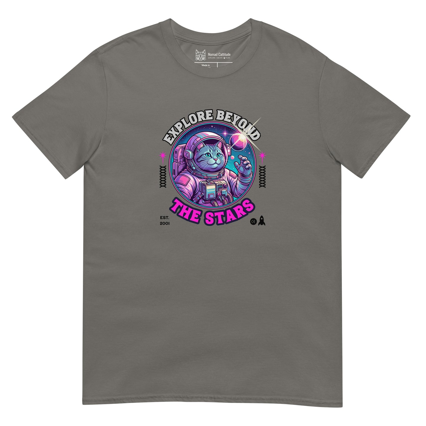 Cat themed graphic tee with space print