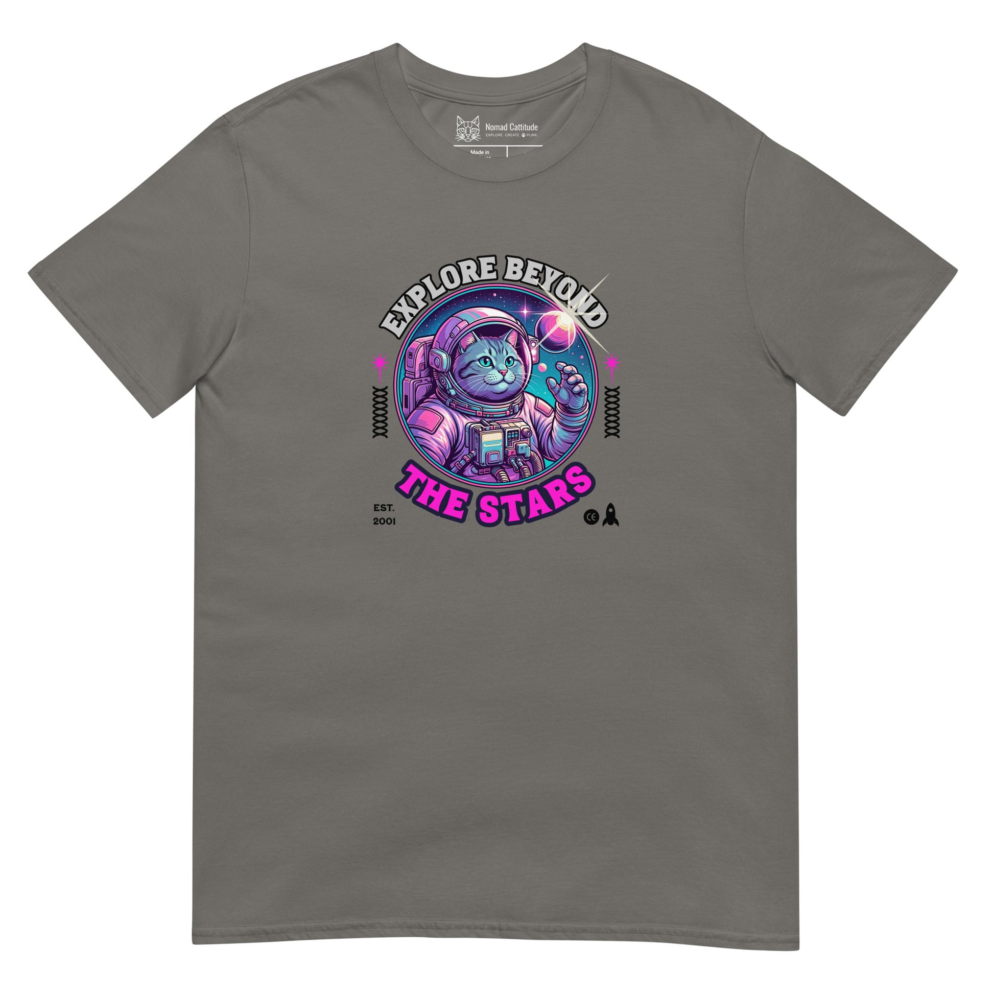 Cat themed graphic tee with space print