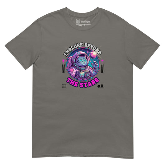 Cat themed graphic tee with space print